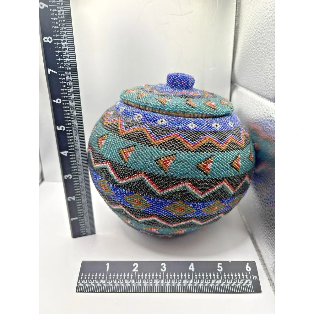 Indonesian Hand Beaded Woven Folk Art Blue Green Geometric Design Basket Lid 7